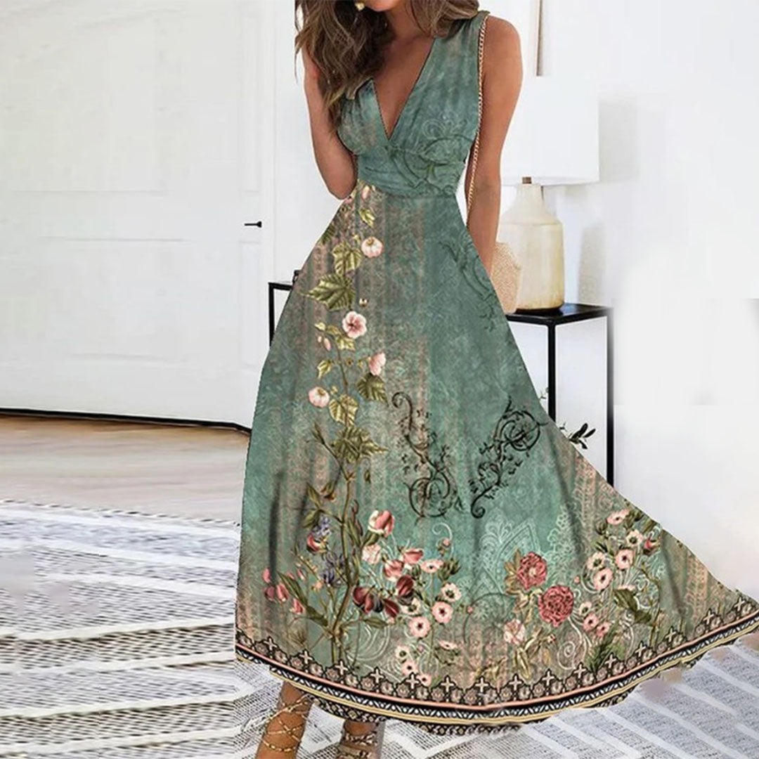 Rosie - Vintage Women's Maxi Dress with Deep V Neck and Flowing Skirt