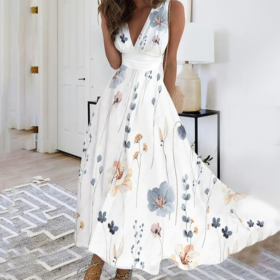 Rosie - Vintage Women's Maxi Dress with Deep V Neck and Flowing Skirt