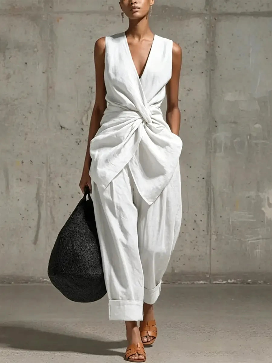 Ruby - Elegant Women's Linen Set with Twist Front and Balloon Trousers