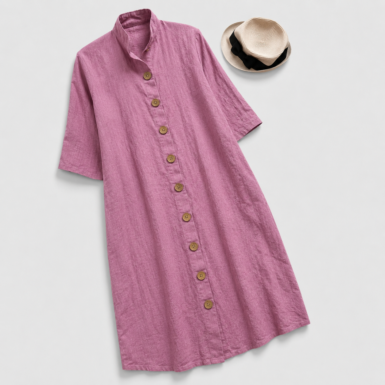 Ruby - Vintage Women's Linen Dress with Stand Collar and Button Front