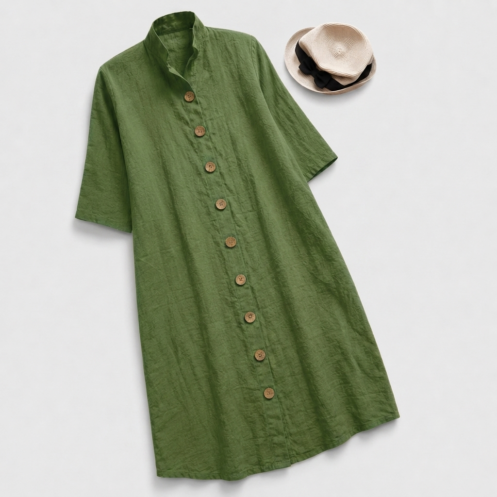 Ruby - Vintage Women's Linen Dress with Stand Collar and Button Front
