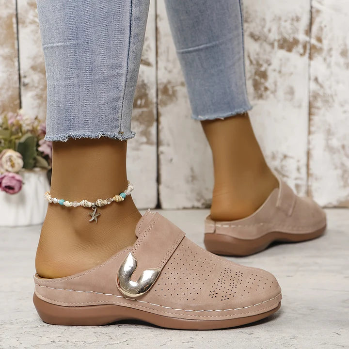 Sadie - Casual Women's Comfort Sandals with Perforated Upper and Gold Buckle Detail