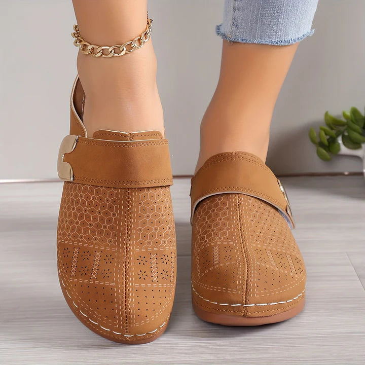 Sadie - Casual Women's Comfort Sandals with Perforated Upper and Gold Buckle Detail