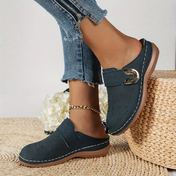 Sadie - Casual Women's Comfort Sandals with Perforated Upper and Gold Buckle Detail