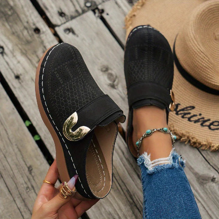Sadie - Casual Women's Comfort Sandals with Perforated Upper and Gold Buckle Detail