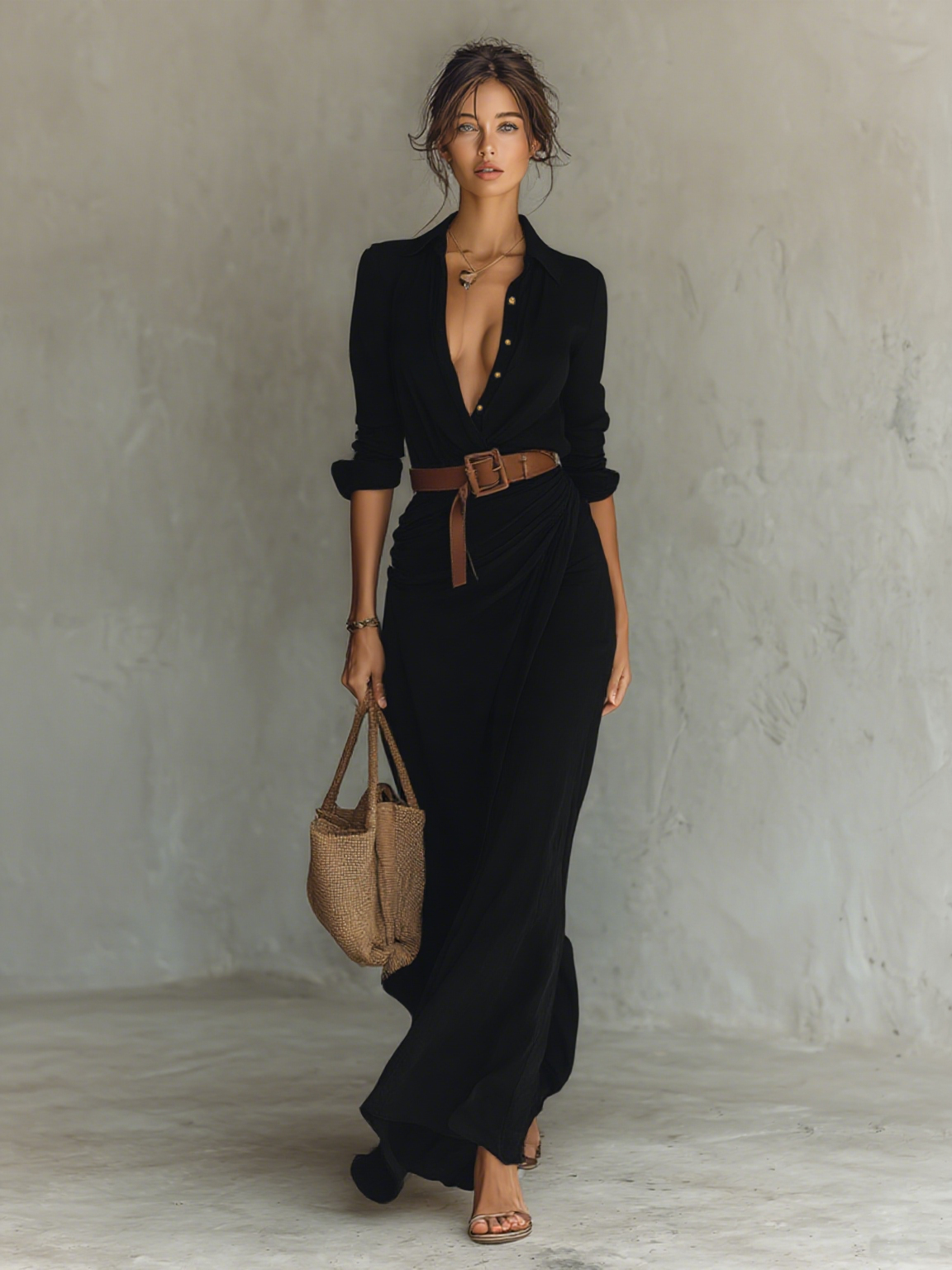 Sadie - Casual Women's Maxi Dress with Deep V Neck and Belted Waist