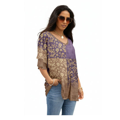 Saoirse - Vintage Women's Linen Shirt with Floral Patchwork Print and V Neckline