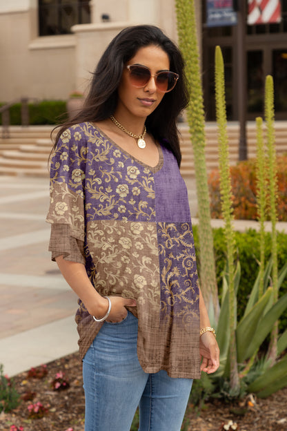 Saoirse - Vintage Women's Linen Shirt with Floral Patchwork Print and V Neckline