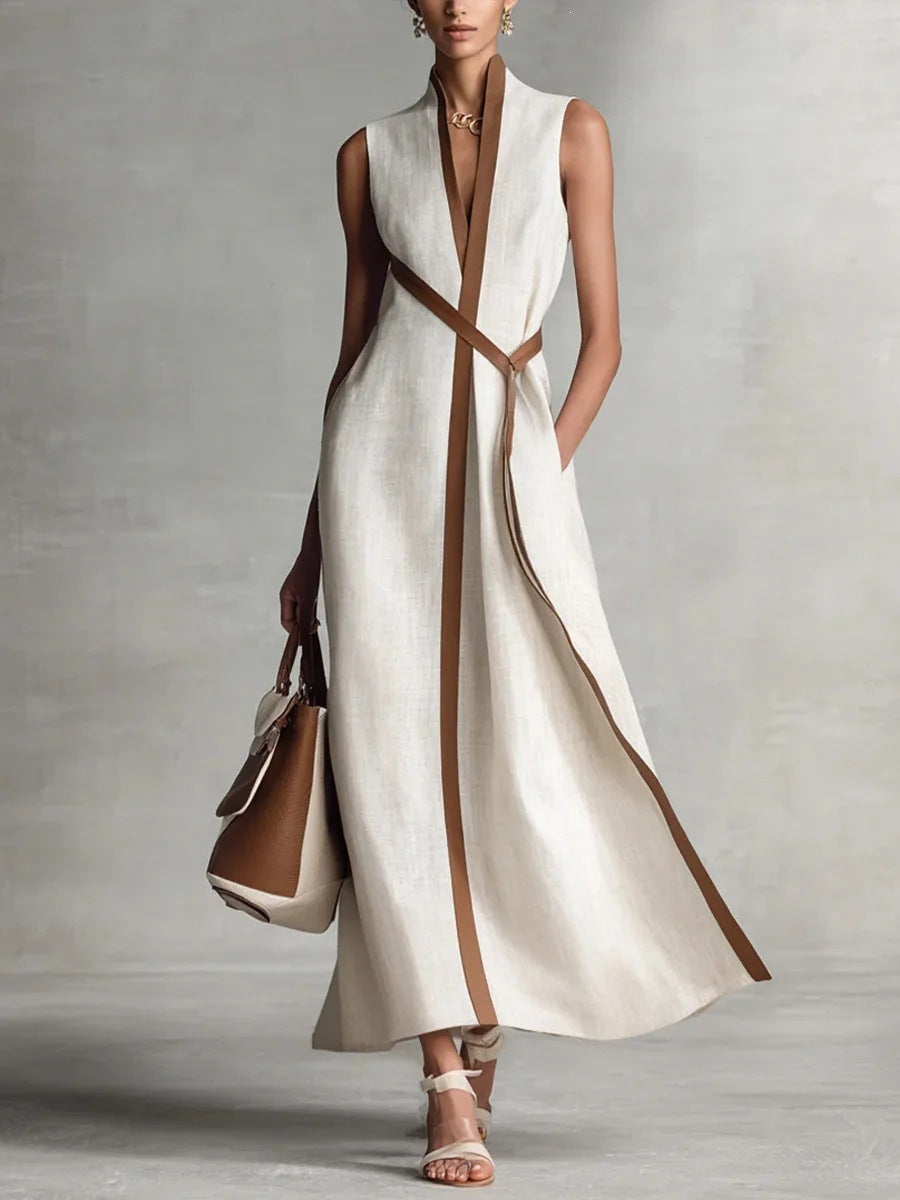 Seraphina - Elegant Women's Linen Maxi Dress with Contrast Trim and Belted Waist
