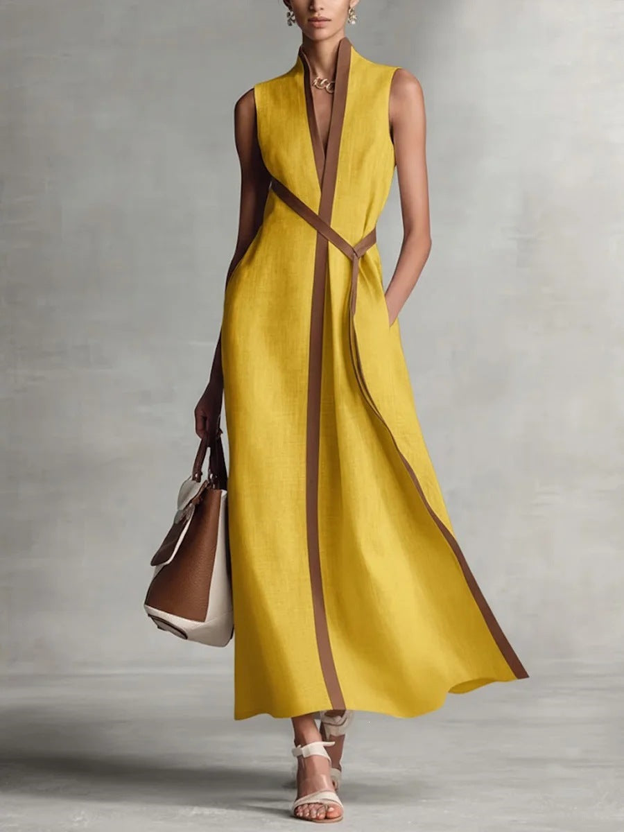 Seraphina - Elegant Women's Linen Maxi Dress with Contrast Trim and Belted Waist