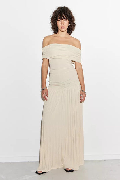 Serena - Elegant Women's Wedding Guest Maxi Dress with Off Shoulder Neckline and Pleated Skirt