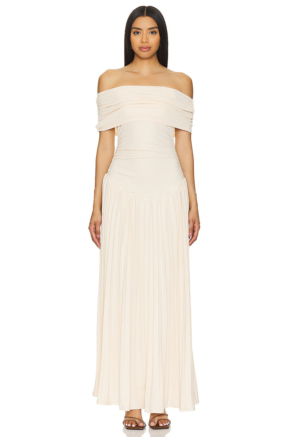 Serena - Elegant Women's Wedding Guest Maxi Dress with Off Shoulder Neckline and Pleated Skirt