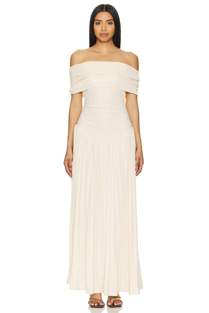 Serena - Elegant Women's Wedding Guest Maxi Dress with Off Shoulder Neckline and Pleated Skirt