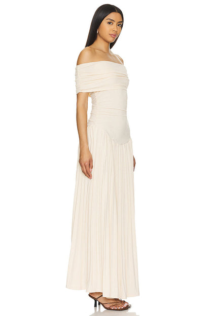 Serena - Elegant Women's Wedding Guest Maxi Dress with Off Shoulder Neckline and Pleated Skirt