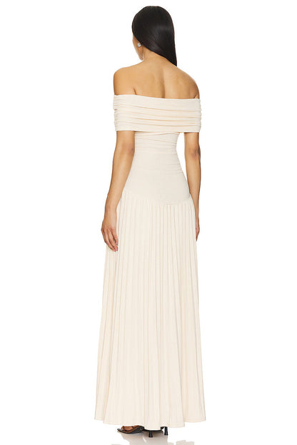 Serena - Elegant Women's Wedding Guest Maxi Dress with Off Shoulder Neckline and Pleated Skirt