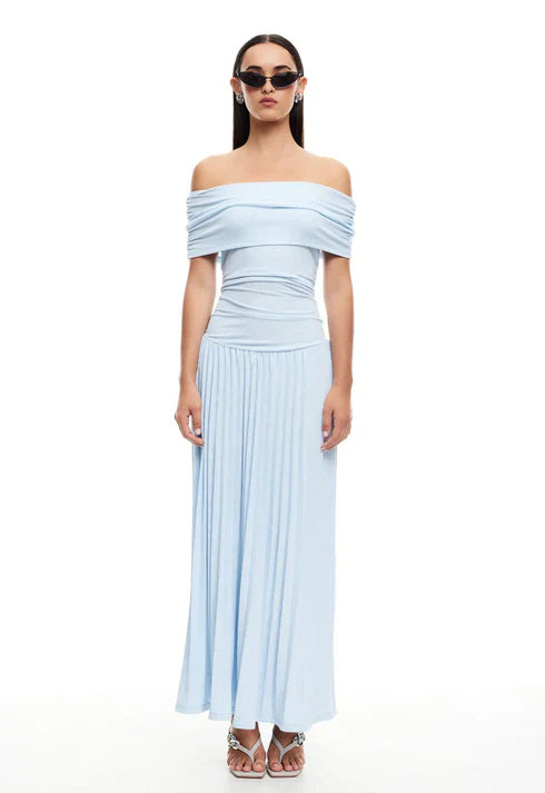 Serena - Elegant Women's Wedding Guest Maxi Dress with Off Shoulder Neckline and Pleated Skirt