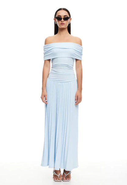 Serena - Elegant Women's Wedding Guest Maxi Dress with Off Shoulder Neckline and Pleated Skirt