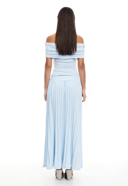 Serena - Elegant Women's Wedding Guest Maxi Dress with Off Shoulder Neckline and Pleated Skirt