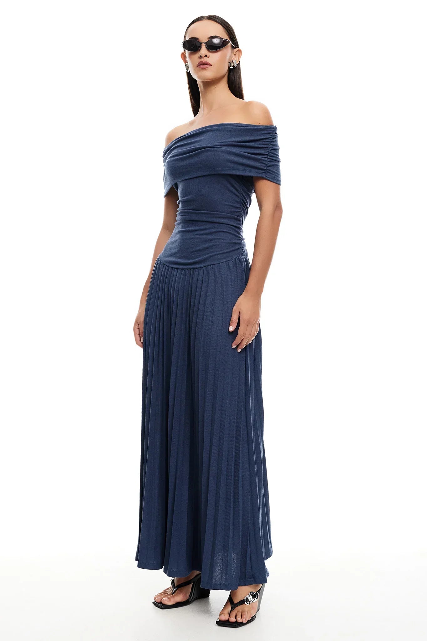 Serena - Elegant Women's Wedding Guest Maxi Dress with Off Shoulder Neckline and Pleated Skirt