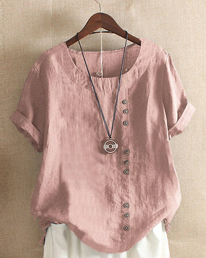 Hannah - Vintage Women's Linen Top with Curved Hem and Button Detail
