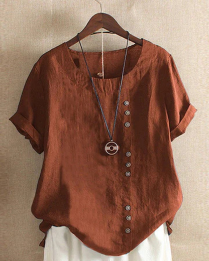 Hannah - Vintage Women's Linen Top with Curved Hem and Button Detail