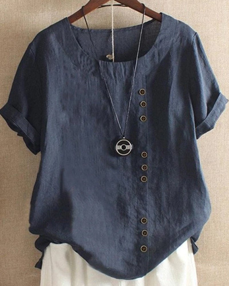 Hannah - Vintage Women's Linen Top with Curved Hem and Button Detail