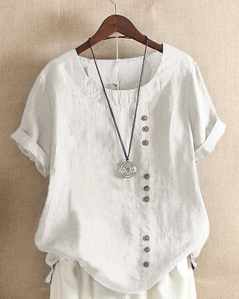 Hannah - Vintage Women's Linen Top with Curved Hem and Button Detail