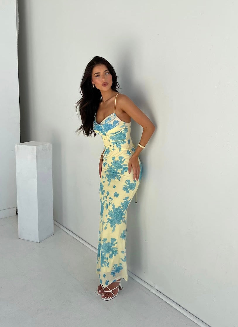 Sienna - Flowy Women's Wedding Guest Maxi Dress with Cowl Neck and Floral Print