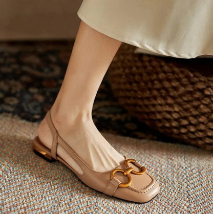 Sophia - Chic Women's Loafer Slingback Sandals with Gold Chain Bit Detail and Low Heel