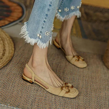 Sophia - Chic Women's Loafer Slingback Sandals with Gold Chain Bit Detail and Low Heel