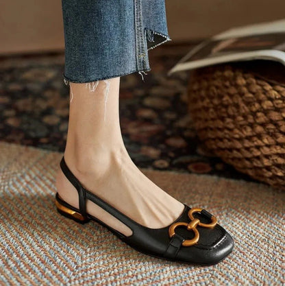 Sophia - Chic Women's Loafer Slingback Sandals with Gold Chain Bit Detail and Low Heel