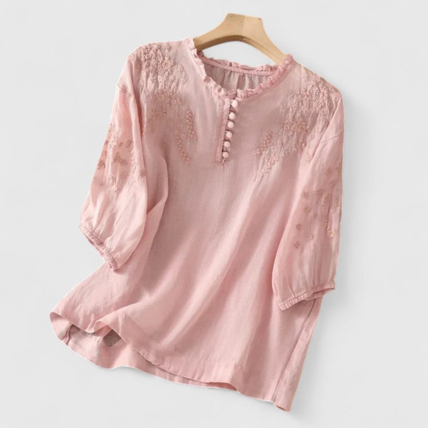 Sophie - Boho Women's Linen Shirt with Ruffle Collar and Embroidered Detail