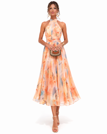 Sophie - Formal Women's Wedding Guest Dress with Halter Neck and Flowing Midi Skirt