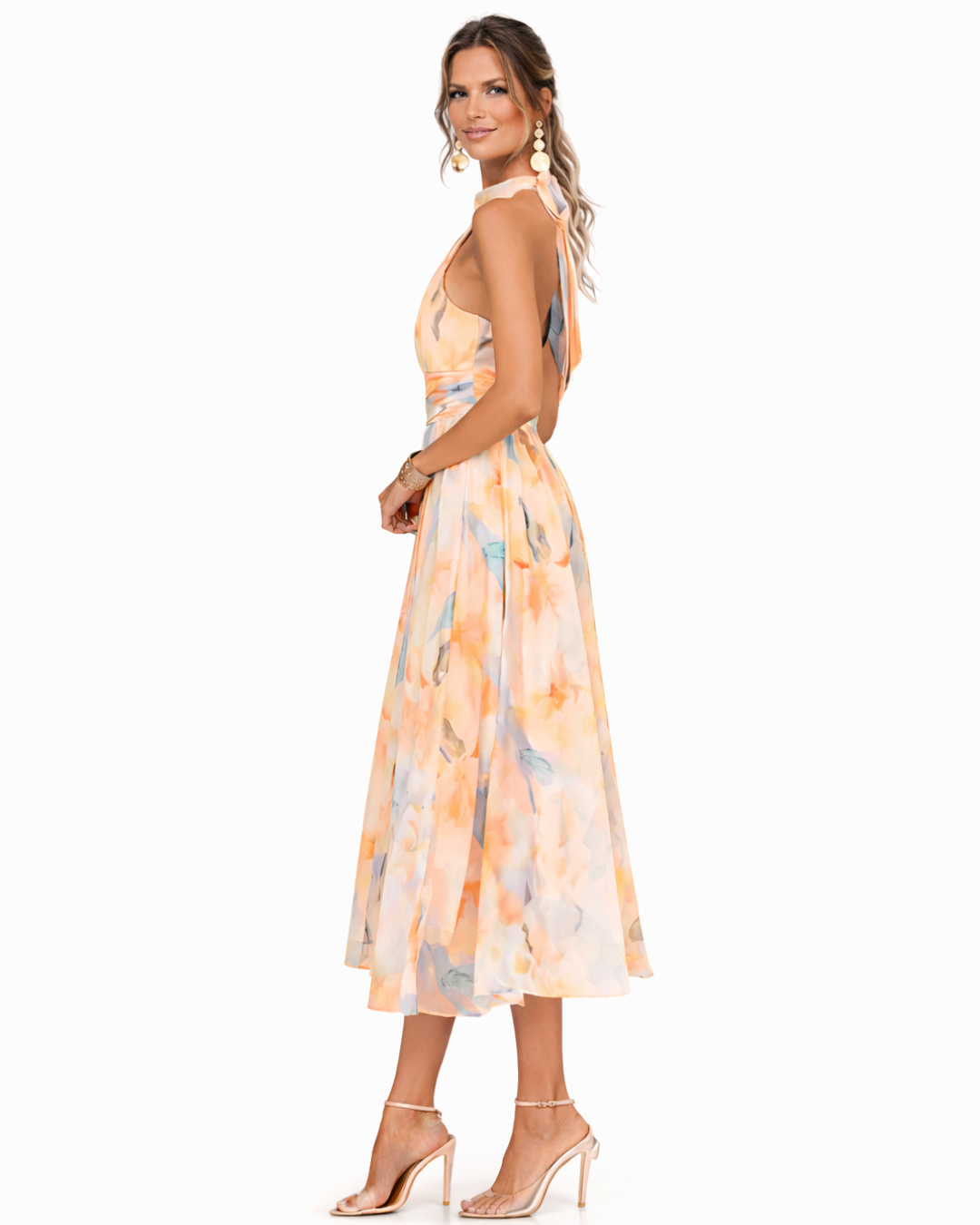 Sophie - Formal Women's Wedding Guest Dress with Halter Neck and Flowing Midi Skirt