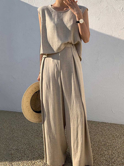 Sophie - Smart Women's Linen Two Piece Set with Wide Leg Trousers