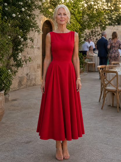 Sophie - Vintage Women's Wedding Guest Dress with Pleated Skirt and Boat Neckline