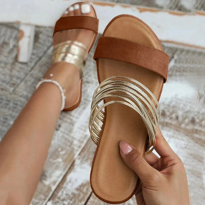 Stella - Chic Women's Orthopedic Flat Sandals with Dual Strap and Multi-Wire Gold Detail