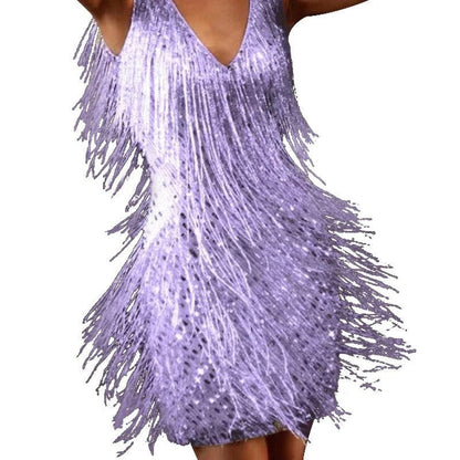 Stella - Glam Women's Wedding Guest Mini Dress with V Neck and Tassel Fringe Detail