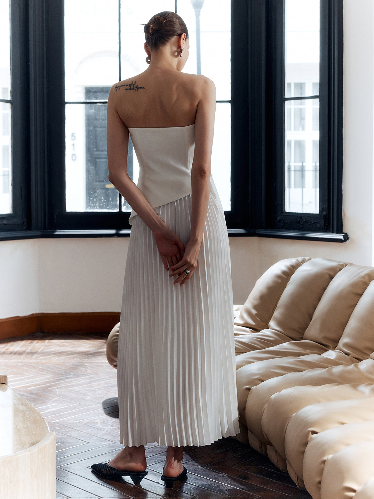 Thea - Elegant Women's Wedding Guest Midi Dress with Bandeau Neck and Pleated Skirt