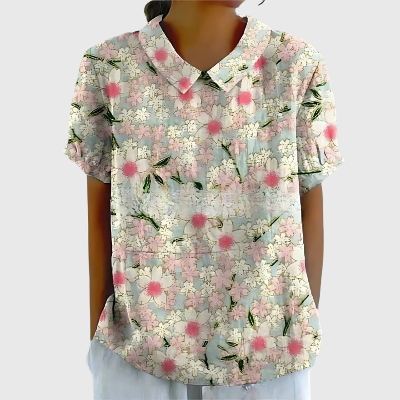 Thea - Women's Linen Floral Print Short Sleeve Collared Blouse