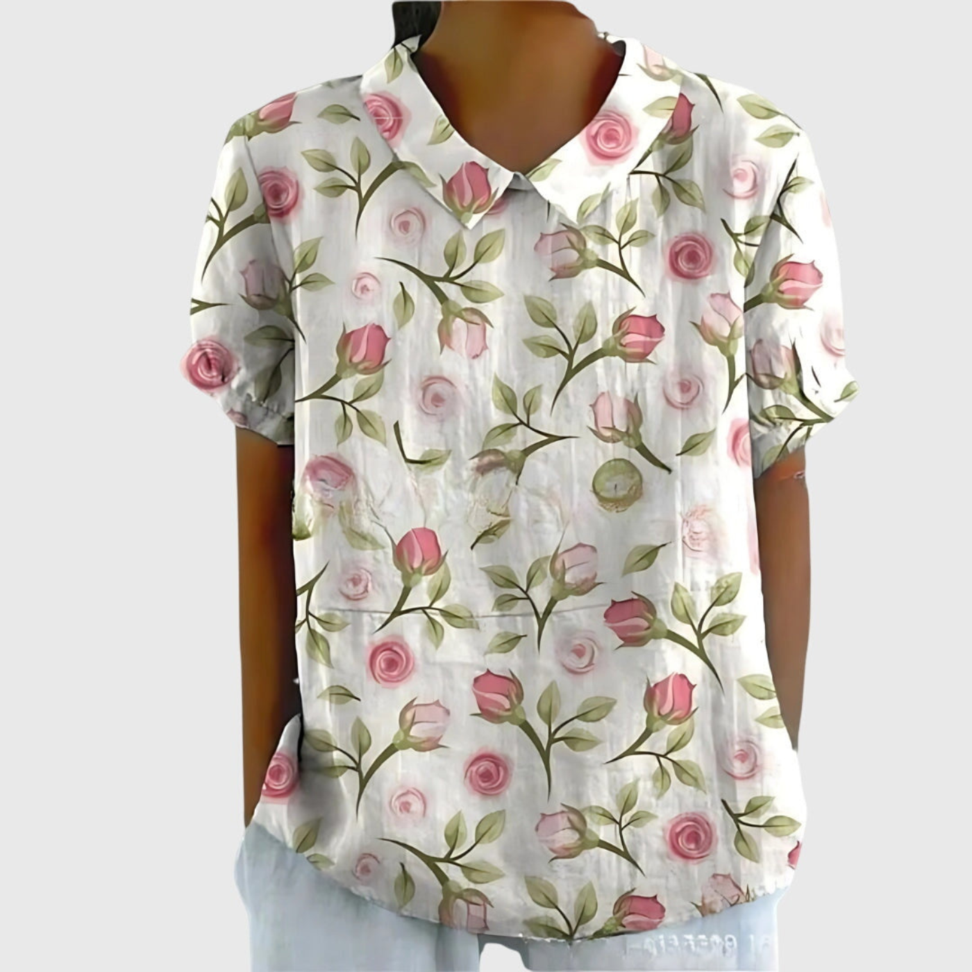 Thea - Women's Linen Floral Print Short Sleeve Collared Blouse
