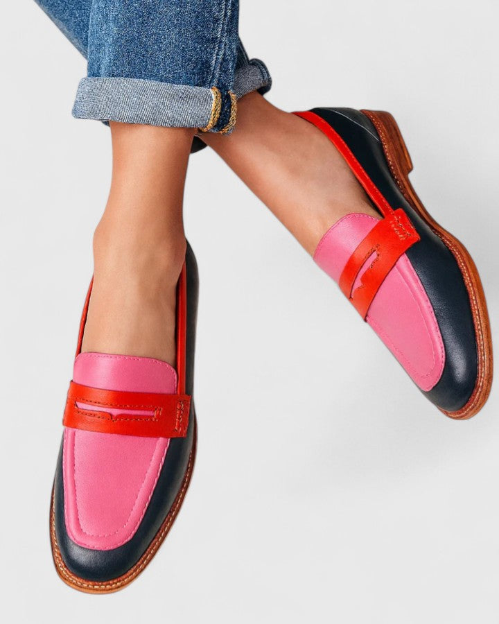 Theodora - Trendy Women's Comfort Loafers with Penny Strap and Colour Block Design