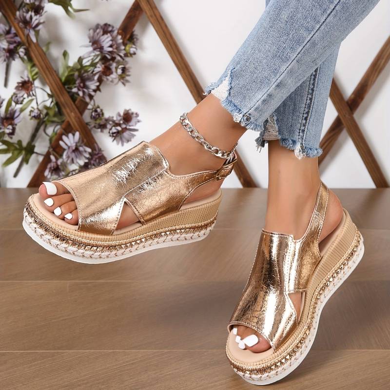 Tia - Glam Women's Orthopedic Platform Wedge Sandals with Metallic Upper and Espadrille Sole