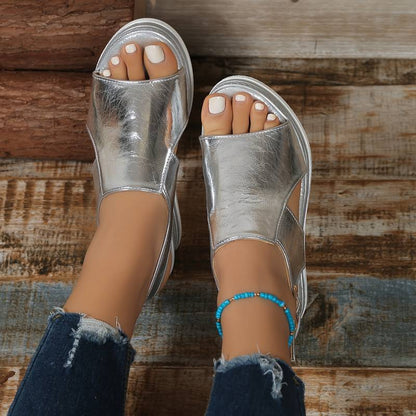 Tia - Glam Women's Orthopedic Platform Wedge Sandals with Metallic Upper and Espadrille Sole