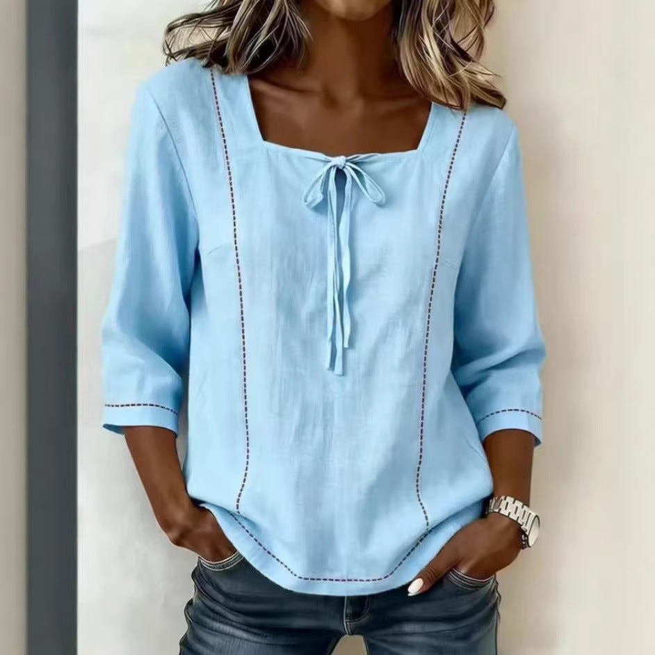 Tilly - Casual Women's Linen Shirt with Square Neckline and Tie Front Detail