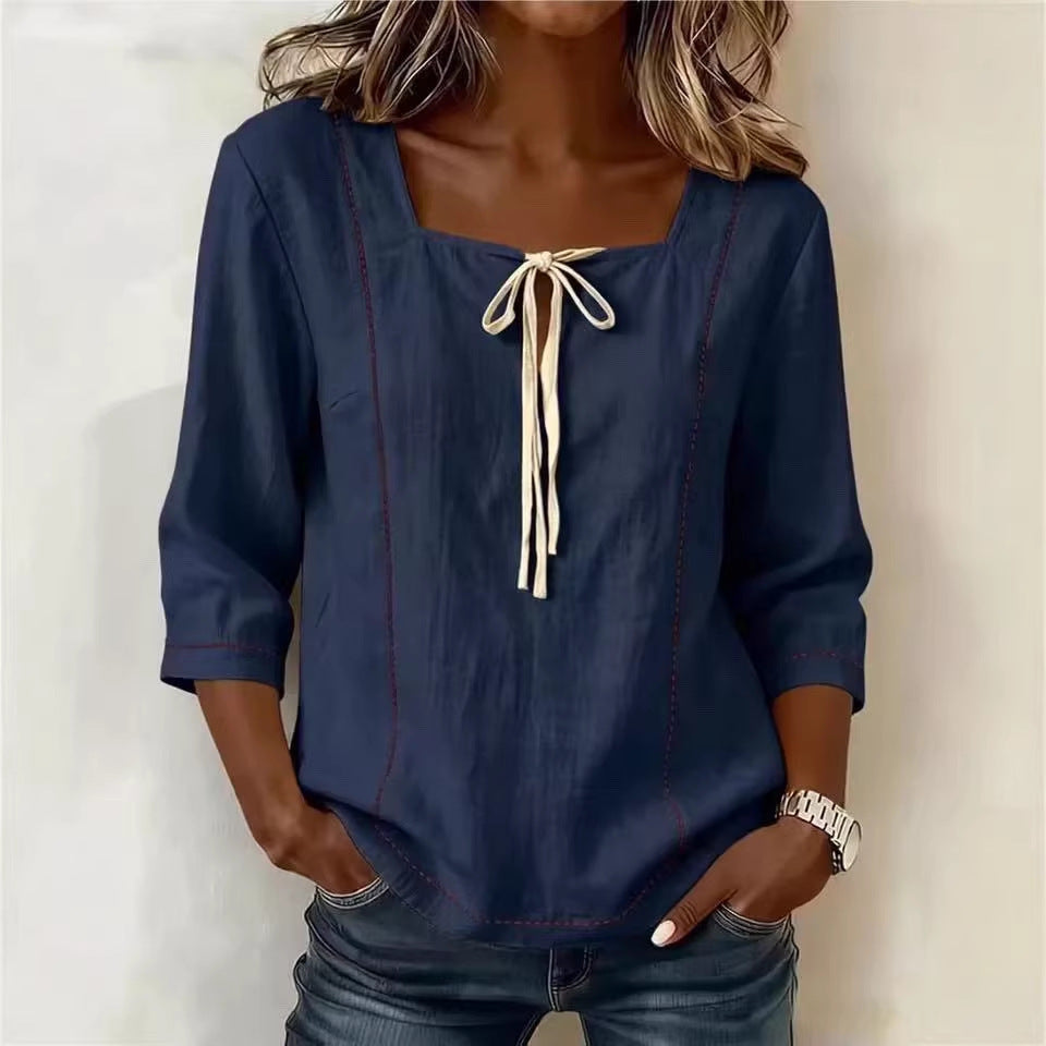 Tilly - Casual Women's Linen Shirt with Square Neckline and Tie Front Detail