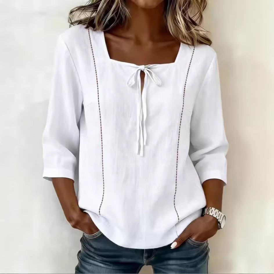 Tilly - Casual Women's Linen Shirt with Square Neckline and Tie Front Detail