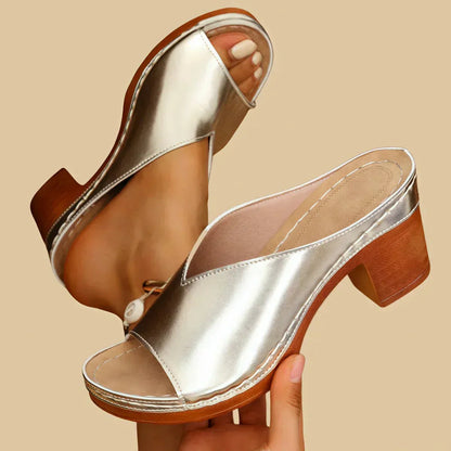 Vera - Chic Women's Orthopedic Block Heel Mule Sandals with V-Cut Upper and Wooden Sole