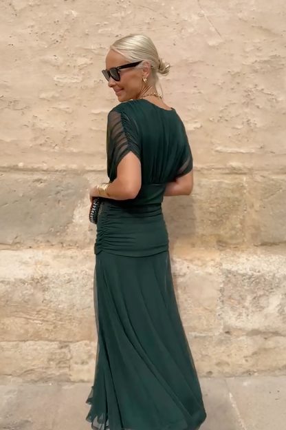 Victoria - Elegant Women's Wedding Guest Midi Dress with Wrap V Neck and Sheer Sleeves