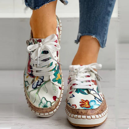 Violet - Boho Women's Comfort Trainers with Floral Print Upper and Cork Flatform Sole